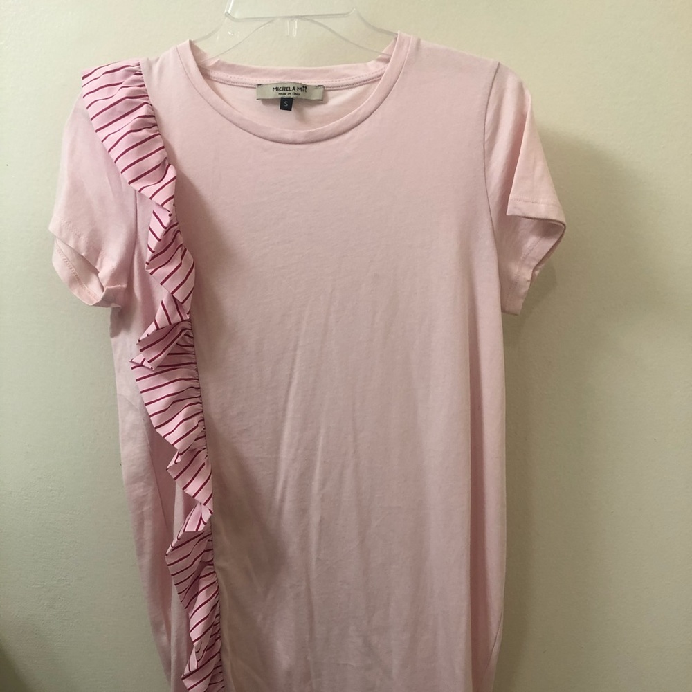 Pale pink t shirt dress with candy stripe ruffle.